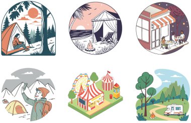 Kamp Macerası. Bir Hayatta Kalma ve Keşif Koleksiyonları Paketi. Al, Image Set 'i oluşturdu. Clipart çizgi film deisgn simgeleri