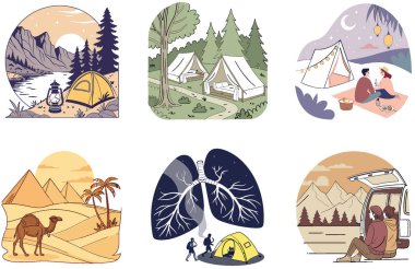 Kamp şovu. Parlak ve Göz kamaştırıcı Koleksiyon Çizimleri. Al, Image Set 'i oluşturdu. Clipart çizgi film deisgn simgeleri
