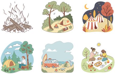 Kaçış Kampı. Sıcaklık ve Huzur Koleksiyonları Paketi. Al, Image Set 'i oluşturdu. Clipart çizgi film deisgn simgeleri