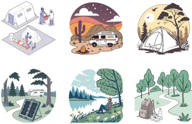 Kamp Macerası. Bir Keşif ve Huzur Koleksiyonları Paketi. Al, Image Set 'i oluşturdu. Clipart çizgi film deisgn simgeleri
