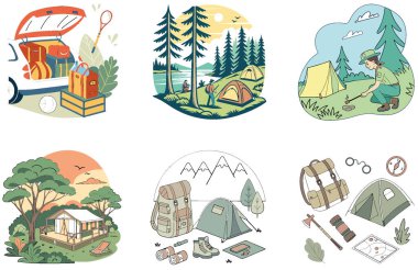 Kamp eğlencesi. Bir demet Oyuncu ve Festivalsel Çizim. Al, Image Set 'i oluşturdu. Clipart çizgi film deisgn simgeleri