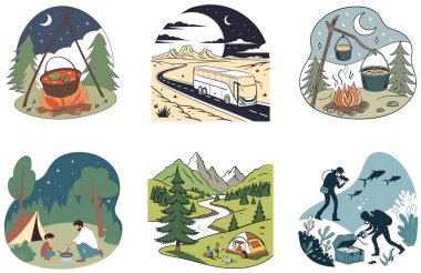 Kamp şovu. Bir deste Vibrant ve Büyüleyici Koleksiyon Çizimleri. Al, Image Set 'i oluşturdu. Clipart çizgi film deisgn simgeleri