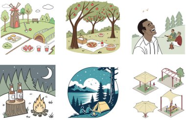 Kamp toplantısı. Bir deste Neşeli ve Huzurlu Resimler Koleksiyonu. Al, Image Set 'i oluşturdu. Clipart çizgi film deisgn simgeleri