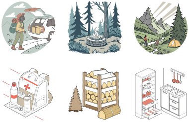 Kamp Macerası. Sıcaklık ve Huzur Koleksiyonları Paketi. Al, Image Set 'i oluşturdu. Clipart çizgi film deisgn simgeleri