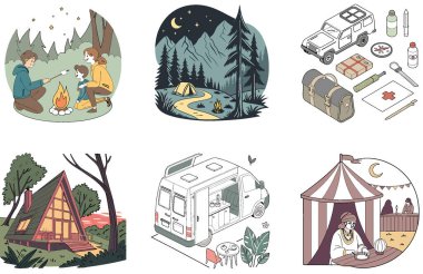 Kamp Macerası. Minimalist ve Gezgin Şehvet Koleksiyonları. Al, Image Set 'i oluşturdu. Clipart çizgi film deisgn simgeleri