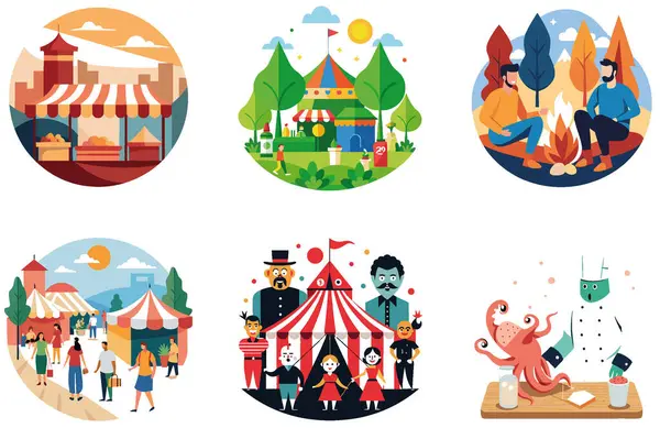 Kamp Paketi. Arkadaşlar S 'mores Ateş Çukuru Çıkartması Yapıyor. Al, Image Set 'i oluşturdu. Clipart çizgi film deisgn simgeleri