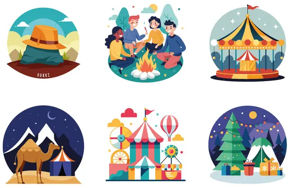 Kamp Paketi. Mountain Rock Termos Macera Çıkartmaları. Al, Image Set 'i oluşturdu. Clipart çizgi film deisgn simgeleri