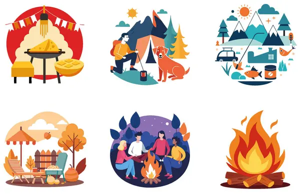 Kamp Macerası. Bir deste Görkemli ve Efsanevi Koleksiyon Etiketi. Al, Image Set 'i oluşturdu. Clipart çizgi film deisgn simgeleri