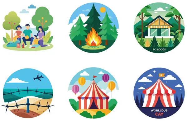 Kaçış Kampı. Bir Sükunet ve Sahne Koleksiyonu Çıkartması. Al, Image Set 'i oluşturdu. Clipart çizgi film deisgn simgeleri