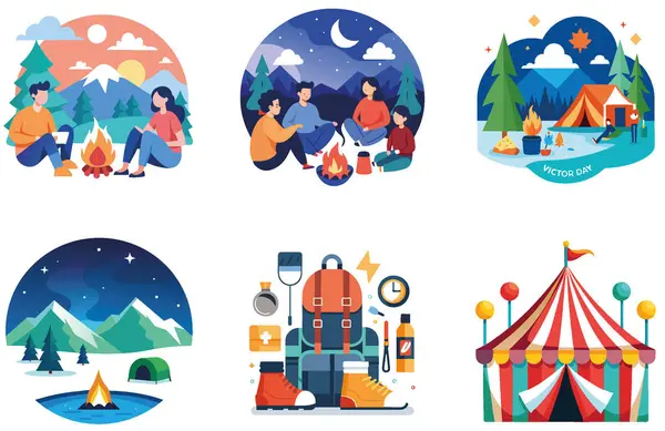 Kamp Macerası. Bir paket nefes kesici ve Serene Collection çıkartması. Al, Image Set 'i oluşturdu. Clipart çizgi film deisgn simgeleri