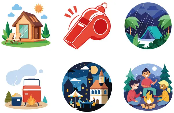 Kamp Macerası. Bir deste Pratik ve Seyahate Hazır Koleksiyon Etiketi. Al, Image Set 'i oluşturdu. Clipart çizgi film deisgn simgeleri
