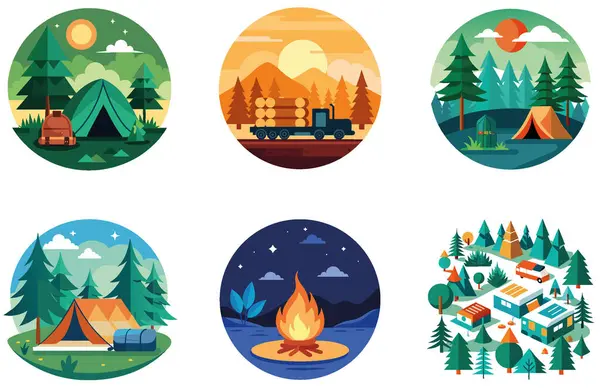 Hayatta Kalma Kampı. Bir deste Sıcaklık ve Dönüşüm Koleksiyonu Çıkartması. Al, Image Set 'i oluşturdu. Clipart çizgi film deisgn simgeleri