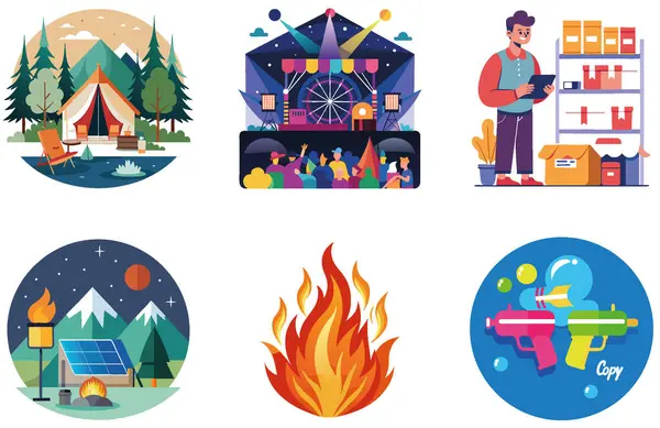 Kamp Macerası. Bir deste Gizem ve Heyecan Çıkartması. Al, Image Set 'i oluşturdu. Clipart çizgi film deisgn simgeleri