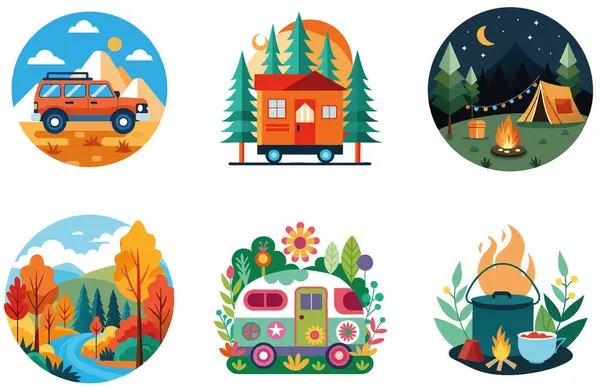 Kutlama kampı. Bir deste canlı ve şenlikli koleksiyon çıkartması. Al, Image Set 'i oluşturdu. Clipart çizgi film deisgn simgeleri