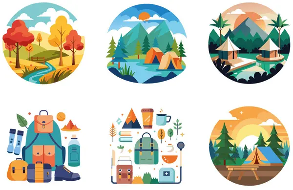 Kamp Macerası. Bir deste Keşif ve Huzur Koleksiyonu Çıkartması. Al, Image Set 'i oluşturdu. Clipart çizgi film deisgn simgeleri