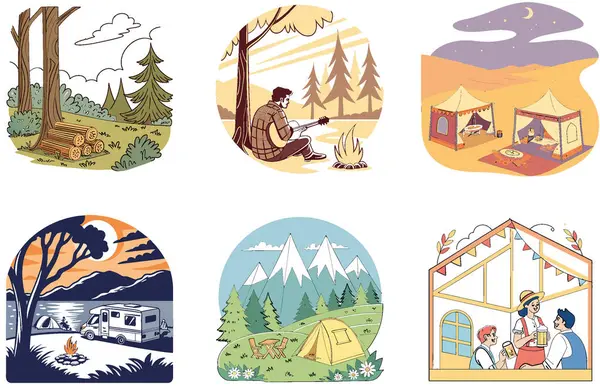 Kamp Paketi. Lakeside kamp ateşi çadırı koleksiyonu. Al, Image Set 'i oluşturdu. Clipart çizgi film deisgn simgeleri