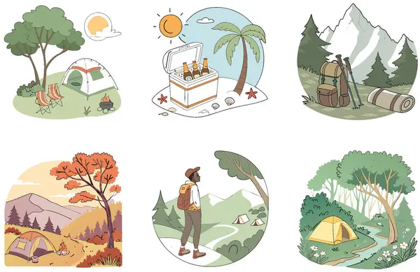 Kamp Paketi. El yapımı Sirk Çadırı Koleksiyonu Çizimleri. Al, Image Set 'i oluşturdu. Clipart çizgi film deisgn simgeleri