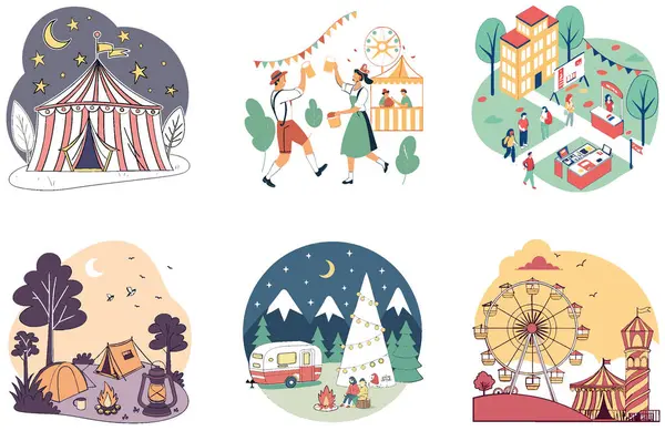 Kamp Paketi. Meraklı Palyaço Sirk Çadırı Koleksiyonu. Al, Image Set 'i oluşturdu. Clipart çizgi film deisgn simgeleri