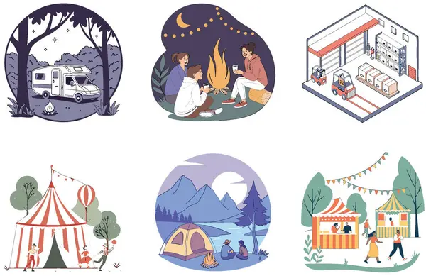 Kamp Paketi. Van River Yaşayan Macera Koleksiyonu. Al, Image Set 'i oluşturdu. Clipart çizgi film deisgn simgeleri