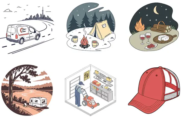 Kamp Paketi. Açık Havuz Kenarı Koleksiyonları. Al, Image Set 'i oluşturdu. Clipart çizgi film deisgn simgeleri