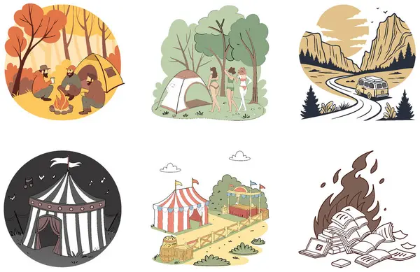 Kamp Paketi. Mülteci Kampı Çadırları Koleksiyonu. Al, Image Set 'i oluşturdu. Clipart çizgi film deisgn simgeleri