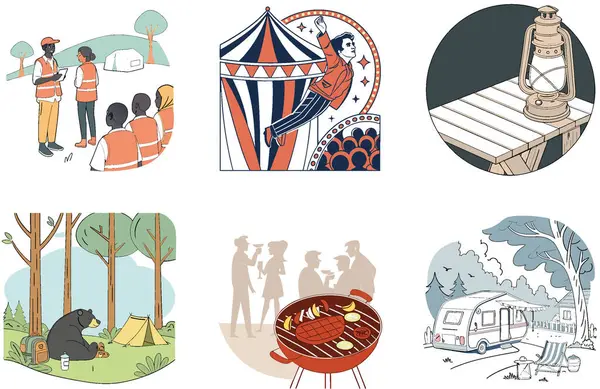 Kamp Paketi. Teepee Village Günbatımı Koleksiyonları. Al, Image Set 'i oluşturdu. Clipart çizgi film deisgn simgeleri