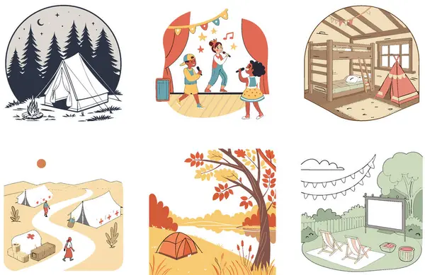 Kamp Paketi. Kuzey Işıkları Kamp Koleksiyonu Çizimleri. Al, Image Set 'i oluşturdu. Clipart çizgi film deisgn simgeleri