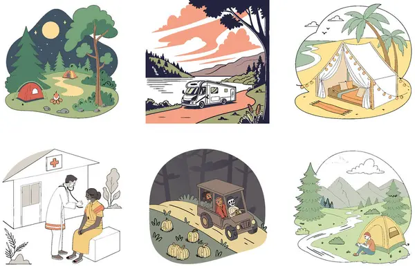 Kamp Paketi. Alpine Gölü Tahoe Çadır Koleksiyonu. Al, Image Set 'i oluşturdu. Clipart çizgi film deisgn simgeleri