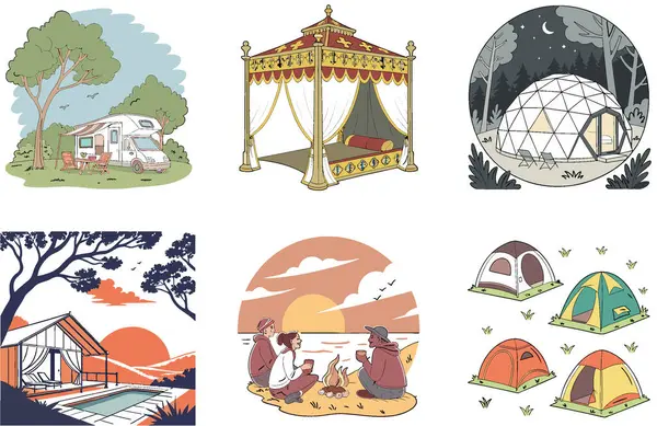 Kamp Paketi. Serene Gölü Kampı Günbatımı Koleksiyonu Çizimleri. Al, Image Set 'i oluşturdu. Clipart çizgi film deisgn simgeleri