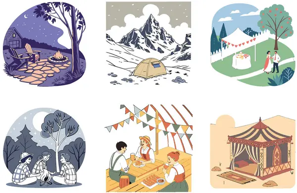 Kamp Macerası. Bir deste Majestic and Scenic Collection Illustrations. Al, Image Set 'i oluşturdu. Clipart çizgi film deisgn simgeleri