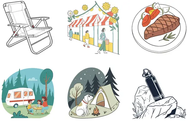 Kamp Macerası. Pratik ve Çok Yönlü Koleksiyonlar Paketi. Al, Image Set 'i oluşturdu. Clipart çizgi film deisgn simgeleri
