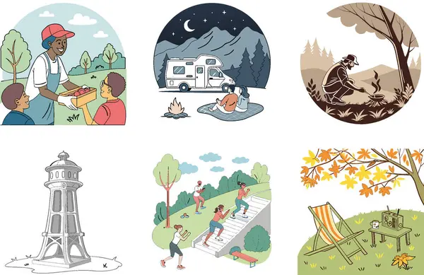 Kamp Macerası. Görkemli ve Efsanevi Koleksiyonlar Paketi. Al, Image Set 'i oluşturdu. Clipart çizgi film deisgn simgeleri