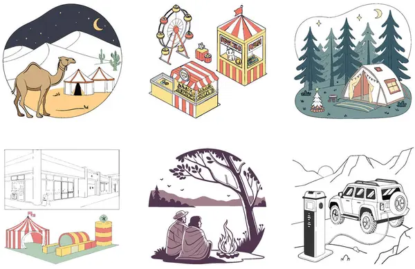 Kaçış Kampı. Sükunet ve Sahne Koleksiyonları Paketi. Al, Image Set 'i oluşturdu. Clipart çizgi film deisgn simgeleri