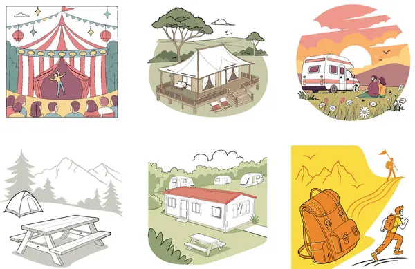 Kaçış Kampı. Manzaralı ve Kıyı Koleksiyonları Paketi. Al, Image Set 'i oluşturdu. Clipart çizgi film deisgn simgeleri