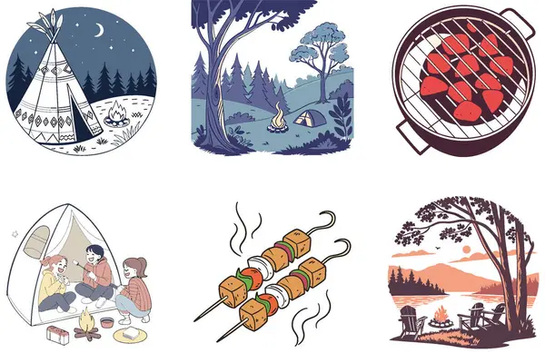 Kamp Macerası. Bir deste Retro ve Kıyı Koleksiyonu Çizimleri. Al, Image Set 'i oluşturdu. Clipart çizgi film deisgn simgeleri