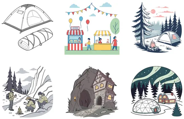 Kamp Malzemeleri. Pratik ve Ferahlatıcı Koleksiyonlar Paketi. Al, Image Set 'i oluşturdu. Clipart çizgi film deisgn simgeleri