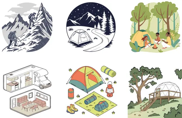 Kamp eğlencesi. Kırsal ve Rekabetçi Koleksiyonlar Paketi. Al, Image Set 'i oluşturdu. Clipart çizgi film deisgn simgeleri