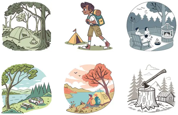 Kamp Macerası. Nefes kesici ve Serene Collection Illustrations. Al, Image Set 'i oluşturdu. Clipart çizgi film deisgn simgeleri