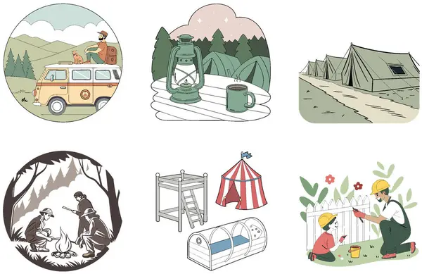 Kamp İnzivası. Huzur ve Kırsal Koleksiyonlar Paketi. Al, Image Set 'i oluşturdu. Clipart çizgi film deisgn simgeleri