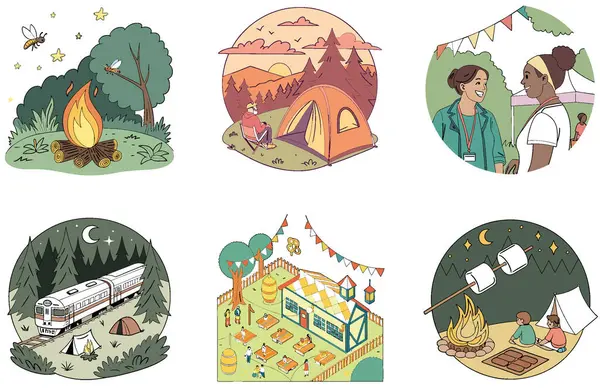 Kamp Festivali. Bir demet canlı ve şenlikli koleksiyon çizimleri. Al, Image Set 'i oluşturdu. Clipart çizgi film deisgn simgeleri