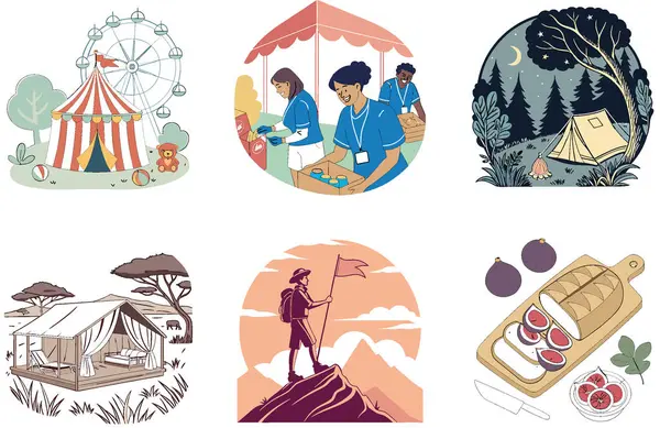 Kamp Macerası. Bir demet Gençlik ve Manzaralı Çizimler Koleksiyonu. Al, Image Set 'i oluşturdu. Clipart çizgi film deisgn simgeleri