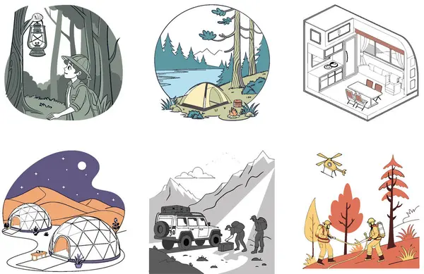 Gece hayatı kampı. Bir demet canlı ve şenlikli koleksiyon çizimleri. Al, Image Set 'i oluşturdu. Clipart çizgi film deisgn simgeleri