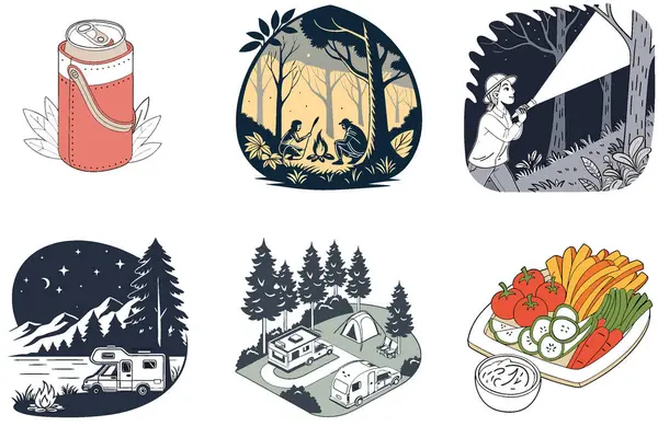 Kamp Macerası. Bir deste Pratik ve Seyahate Hazır Çizimler Koleksiyonu. Al, Image Set 'i oluşturdu. Clipart çizgi film deisgn simgeleri