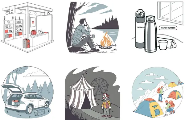 Kamp Macerası. Pratik ve Rustik Koleksiyon Çizimleri Paketi. Al, Image Set 'i oluşturdu. Clipart çizgi film deisgn simgeleri