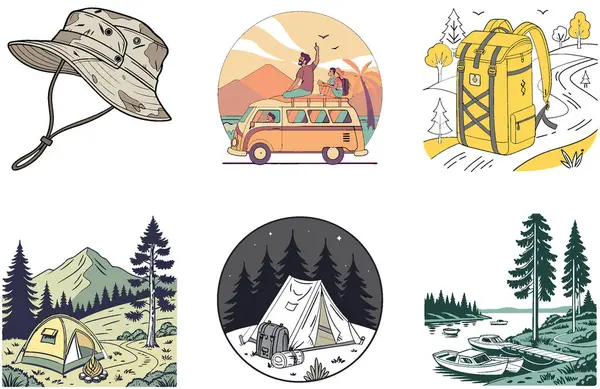 Kaçış Kampı. Sükunet ve Karlı Koleksiyonlar Paketi. Al, Image Set 'i oluşturdu. Clipart çizgi film deisgn simgeleri