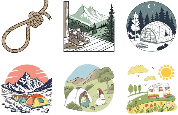 Kamp Macerası. Sıcaklık ve Aydınlanma Koleksiyonları. Al, Image Set 'i oluşturdu. Clipart çizgi film deisgn simgeleri