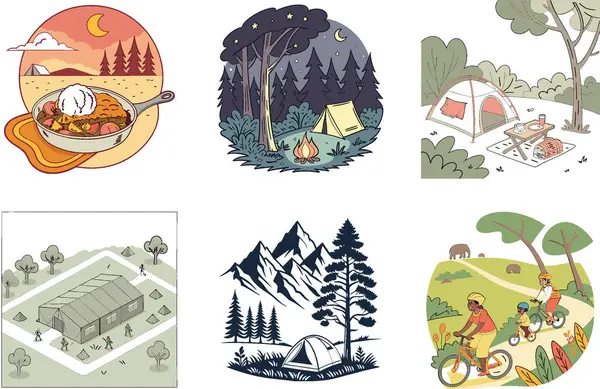 Kamp Gezisi. Manzara ve Sonbahar Koleksiyonları Paketi. Al, Image Set 'i oluşturdu. Clipart çizgi film deisgn simgeleri