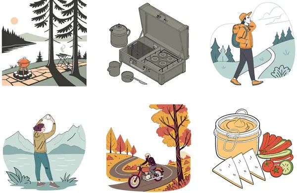 Kamp Macerası. Zirve ve ve Güvenlik Koleksiyonları Paketi. Al, Image Set 'i oluşturdu. Clipart çizgi film deisgn simgeleri