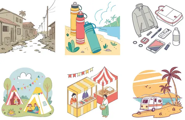 Kutlama kampı. Bir deste Tezahürat ve Birlik Koleksiyonu. Al, Image Set 'i oluşturdu. Clipart çizgi film deisgn simgeleri