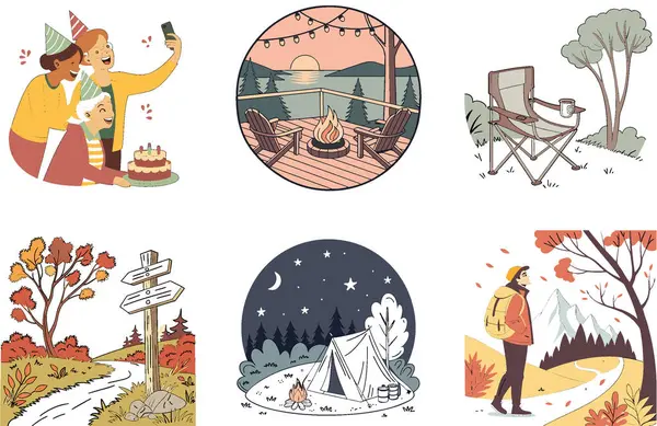Kamp gezisi. Bir demet Neşe ve Beraberlik Çizimleri. Al, Image Set 'i oluşturdu. Clipart çizgi film deisgn simgeleri